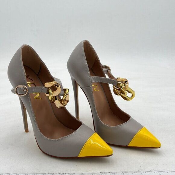 YDN Yellow Patchwork Pointed Toe Pumps Chain Strap Stiletto High Heels Shoes - Picture 4 of 8